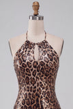 Sparkly Sequin Leopard Print Bodycon Halter Keyhole Short Homecoming Dress