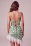 Green Bodycon Square Neck Sequin Fringe Homecoming Dress with Asymmetric Ruffled Hem
