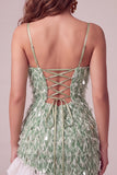 Green Bodycon Square Neck Sequin Fringe Homecoming Dress with Asymmetric Ruffled Hem