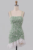 Green Bodycon Square Neck Sequin Fringe Homecoming Dress with Asymmetric Ruffled Hem