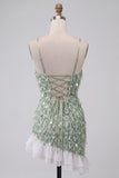 Green Bodycon Square Neck Sequin Fringe Homecoming Dress with Asymmetric Ruffled Hem
