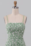 Green Bodycon Square Neck Sequin Fringe Homecoming Dress with Asymmetric Ruffled Hem