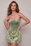Dusty Sage Corset Velvet Strapless Floral Short Homecoming Dress