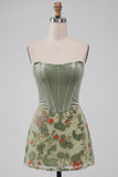 Dusty Sage Corset Velvet Strapless Floral Short Homecoming Dress