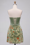 Dusty Sage Corset Velvet Strapless Floral Short Homecoming Dress