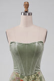 Dusty Sage Corset Velvet Strapless Floral Short Homecoming Dress