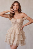 Champagne Corset Off the Shoulder Tiered Short Homecoming Dress with Beading