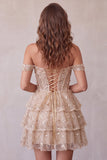 Champagne Corset Off the Shoulder Tiered Short Homecoming Dress with Beading