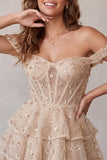 Champagne Corset Off the Shoulder Tiered Short Homecoming Dress with Beading