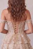 Champagne Corset Off the Shoulder Tiered Short Homecoming Dress with Beading
