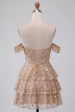 Champagne Corset Off the Shoulder Tiered Short Homecoming Dress with Beading