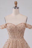 Champagne Corset Off the Shoulder Tiered Short Homecoming Dress with Beading
