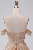 Champagne Corset Off the Shoulder Tiered Short Homecoming Dress with Beading