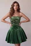 Dark Green Strapless A-Line Velvet Short Homecoming Dress with Ruffles
