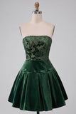 Dark Green Strapless A-Line Velvet Short Homecoming Dress with Ruffles