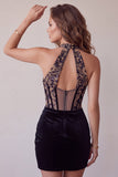 Black Corset Halter Velvet Ruched Deep V-Neck Short Homecoming Dress with Embroidery