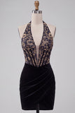 Black Corset Halter Velvet Ruched Deep V-Neck Short Homecoming Dress with Embroidery
