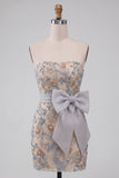 Light Grey Bodycon Sequins Strapless Beaded Short Homecoming Dress with Bow