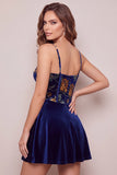 Navy A-Line Velvet Corset Floral Printed Short Homecoming Dress