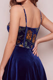Navy A-Line Velvet Corset Floral Printed Short Homecoming Dress