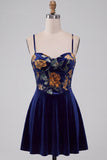 Navy A-Line Velvet Corset Floral Printed Short Homecoming Dress