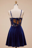 Navy A-Line Velvet Corset Floral Printed Short Homecoming Dress