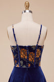 Navy A-Line Velvet Corset Floral Printed Short Homecoming Dress
