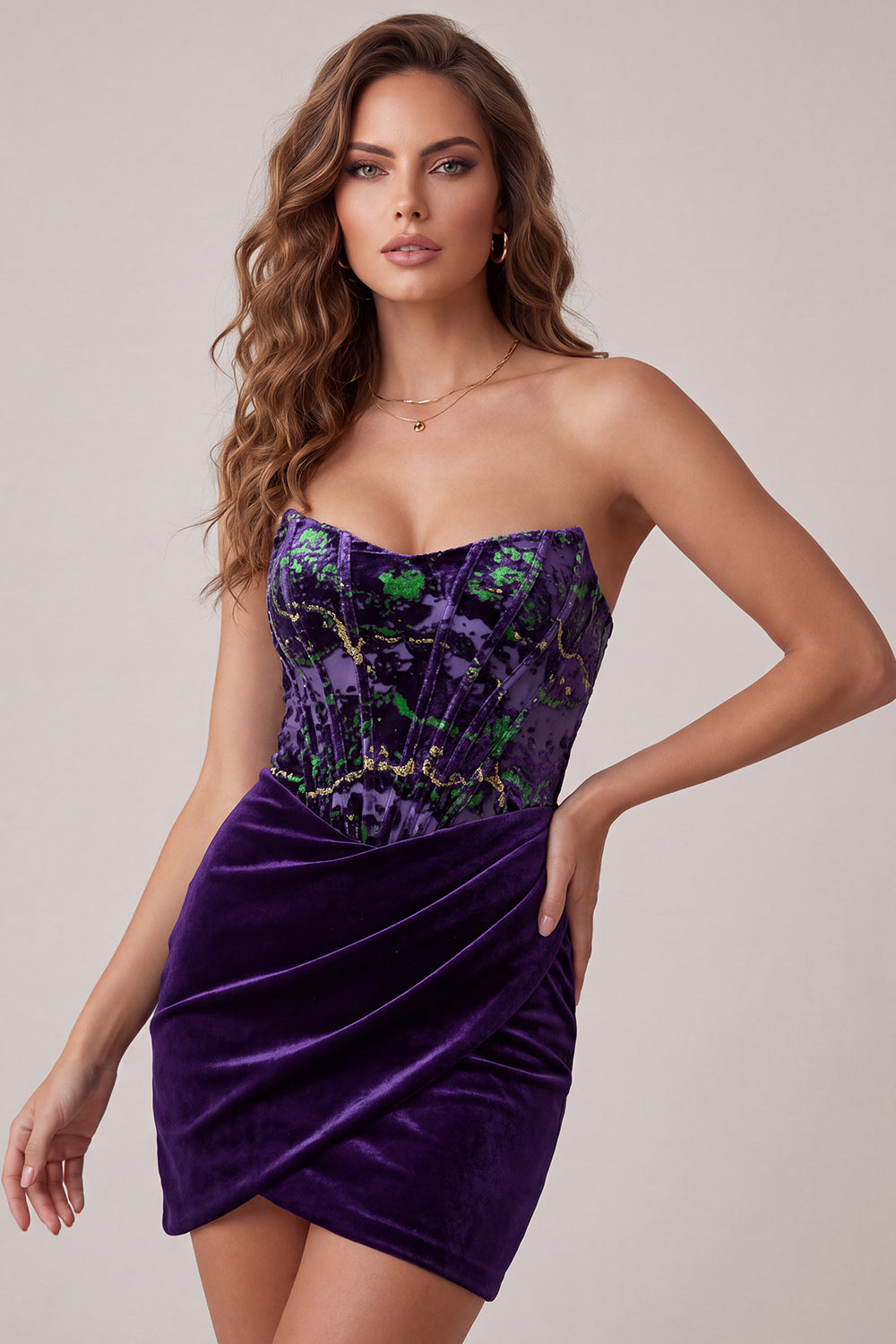 ZAPAKA Women Plum Bodycon Homecoming Dress Corset Velvet Printed Sweetheart Strapless Ruched Short Cocktail Dress