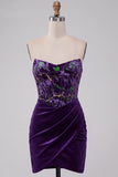 Plum Corset Strapless Velvet Bodycon Ruched Short Homecoming Dress
