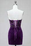 Plum Corset Strapless Velvet Bodycon Ruched Short Homecoming Dress