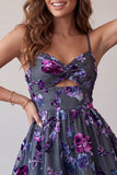 Plum A-Line Sweetheart Cut Out Floral Short Homecoming Dress