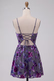 Plum A-Line Sweetheart Cut Out Floral Short Homecoming Dress