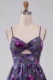 Plum A-Line Sweetheart Cut Out Floral Short Homecoming Dress