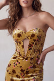 Ginger Yellow Corset Bodycon Strapless Keyhole Velvet Short Homecoming Dress