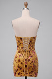 Ginger Yellow Corset Bodycon Strapless Keyhole Velvet Short Homecoming Dress