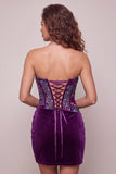 Purple Velvet Corset Bodycon Strapless Ruched Floral Short Homecoming Dress