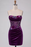 Purple Velvet Corset Bodycon Strapless Ruched Floral Short Homecoming Dress