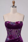 Purple Velvet Corset Bodycon Strapless Ruched Floral Short Homecoming Dress