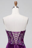 Purple Velvet Corset Bodycon Strapless Ruched Floral Short Homecoming Dress
