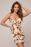 Champagne Floral Bodycon Velvet Strapless Printed Homecoming Dress with Keyhole