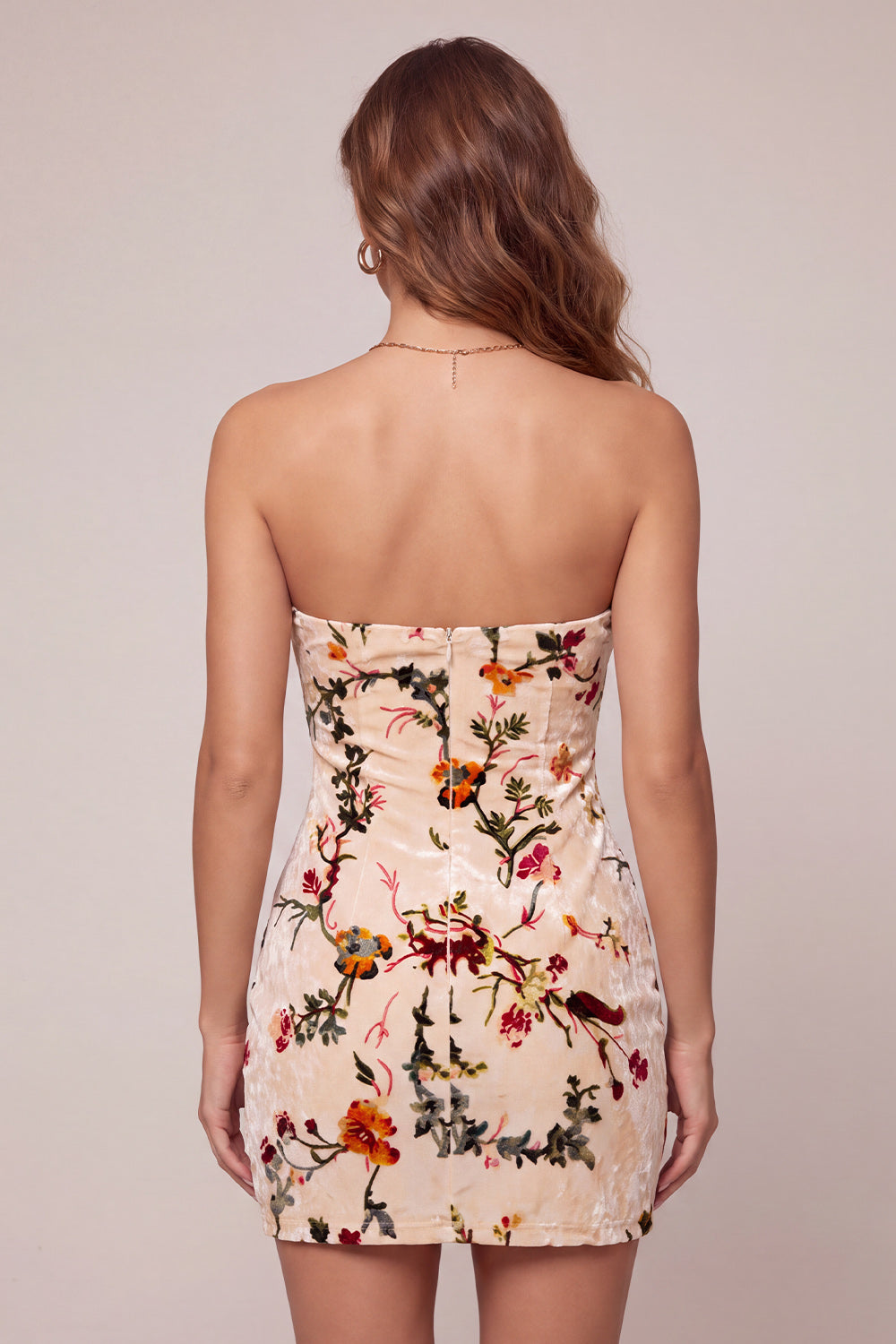 ZAPAKA Women Champagne Floral Mini Homecoming Dress Printed Velvet Bodycon Strapless Cocktail Dress with Keyhole