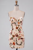 Champagne Floral Bodycon Velvet Strapless Printed Homecoming Dress with Keyhole