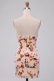 Champagne Floral Bodycon Velvet Strapless Printed Homecoming Dress with Keyhole