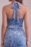 Slate Blue Bodycon Halter Velvet Ruched Midi Homecoming Dress with Sash