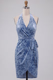 Slate Blue Bodycon Halter Velvet Ruched Midi Homecoming Dress with Sash