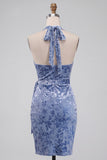 Slate Blue Bodycon Halter Velvet Ruched Midi Homecoming Dress with Sash