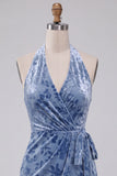 Slate Blue Bodycon Halter Velvet Ruched Midi Homecoming Dress with Sash