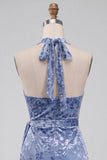Slate Blue Bodycon Halter Velvet Ruched Midi Homecoming Dress with Sash