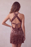 Khaki Bodycon Halter Burnout Velvet Short Cocktail Dress