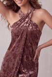 Khaki Bodycon Halter Burnout Velvet Short Cocktail Dress
